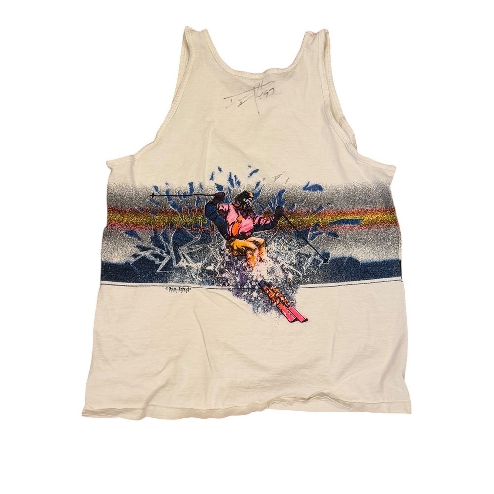 Vtg San Segal Beaver Creek Ski Tank Top Mens White Neon Graphic‎ 90s autographed - Picture 2 of 8
